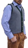 Seitenansicht der traditionellen Wollweste Vielseitige traditionelle Jacke Wollweste mit Knöpfen Grau/Grün Stilvolle Weste für Oktoberfest Elegante Winterweste Bequeme Passform Jetzt kaufen Traditionelle Weste kaufen