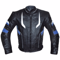 Herren-Motorradjacke in Blau, Vorderansicht, gefertigt aus Rindsleder. Sie schließt am Ende des Reißverschlusses mit einem Klettverschluss und ist mit Protektoren für Arme, Schultern, Ellbogen und Rücken ausgestattet. Zusätzlich verfügt sie über eine klett