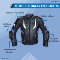 Herren-Motorradjacke in Blau, Vorderansicht mit Reißverschluss- und Klettverschlüssen. Ausgestattet mit Schulter-, Ellenbogen- und Rückenschutz. Verfügt über reflektierende Paspeln, Reflektorbänder, elastische Ärmel und eine klettverstellbare Taille.