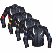 Die Herren-Motorradjacke in Rot, Gelb, Blau und Grau zeigt Vorder- und Seitenansichten. Gefertigt aus Rindsleder, verfügt sie über durchgehende Reißverschluss- und Klettverschlüsse. Außerdem bietet sie einen 20 cm langen Combi-Verbinder für eine nahtlose B