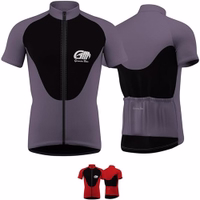 Men cycling jersey Front & rear view Gray cycling jersey with a full front zipper, featuring short sleeves and black accents. The design includes a German wear logo on the chest and a stand-up collar. Made from 100% elastane, this jersey is ideal for bicycling.