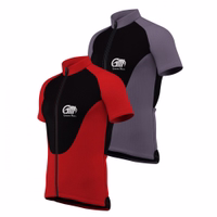 Men cycling jersey A German cyclist sports a sleek, red and gray jersey with black accents. It features short sleeves, 100% elastane for flexibility, a stand-up collar, a front zipper, and a back pocket for convenient storage. Perfect for high-performance rides.