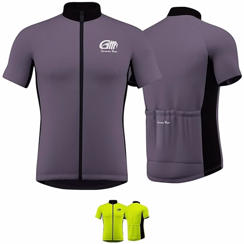 Herren-Radsporttrikot in Grau-Gelb Kurzärmeliges graues und schwarzes Radsporttrikot von German Wear, ausgestattet mit Frontreißverschluss, reflektierenden Streifen auf der Rückseite, ergonomischem Schnitt und Rückentaschen für Stauraum.