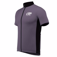 The side view of this cycling jersey showcases vibrant gray and black colors, complete with a full-zip front and short sleeves. It is designed to provide comfort and enhance performance during cycling activities.