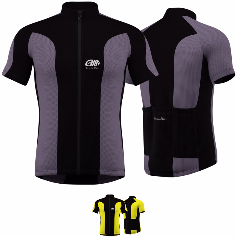 Men's cycling jersey Grey Yellow Cycling jersey with a contrasting newon yellow and black color scheme. Features include a logo on the chest indicating 'German Wear' and a front zipper for ventilation and easy wearing.