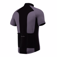 Men's cycling jersey Grey Yellow Back view of a gray cycling jersey with a full-length front zipper, short sleeves, and a stand-up collar. Features breathable fabric panels for ventilation. Made from moisture-wicking polyester to enhance comfort and performance during cycling.