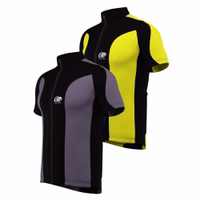 Men's cycling jersey Grey Yellow Here's a front view of a vibrant cycling jersey in newon yellow and gray, complete with a full-length front zipper. It proudly displays a prominent German wear logo on the chest. Crafted from advanced materials like polyester.