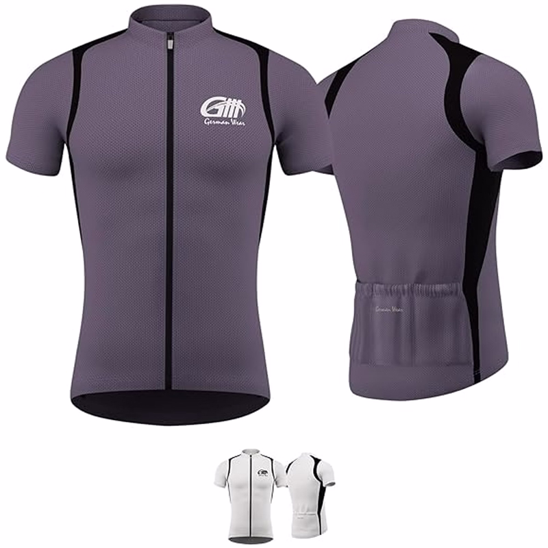 Men's cycling jersey Grey White The white and gray cycling jersey boasts a full-length front zipper, short sleeves, and a stand-up collar, all crafted from moisture-wicking polyester. Its breathable fabric panels enhance ventilation, ensuring comfort and performance on every ride.