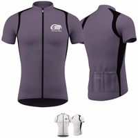 Front and back view of a gray and white cycling jersey from German Wear, showcasing a full-zip front, short sleeves, and moisture-wicking fabric crafted for both comfort and high performance during rides.