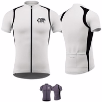 The white and gray cycling jersey boasts a full-length front zipper, short sleeves, and a stand-up collar, all crafted from moisture-wicking polyester. Its breathable fabric panels enhance ventilation, ensuring comfort and performance on every ride.