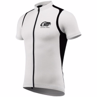 Viewed from the side, this cycling jersey boasts a sleek, form-fitting design in striking white. It includes a full-length front zipper for adjustable ventilation and prominently features a German wear logo on the chest.