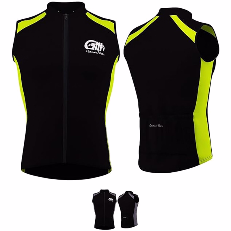 Men's cycling jersey Grey Green Front and back views of a gray and black cycling vest from German Wear. This sleeveless vest boasts high-visibility reflective material and is made from breathable fabric, offering both comfort and optimal performance on your rides.