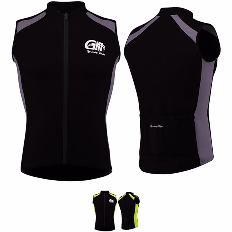 Herren-Radtrikot Grau/Grün Vorder- und Rückansichten einer grauen und schwarzen Radweste von German Wear. Diese ärmellose Weste verfügt über reflektierendes Material für hohe Sichtbarkeit und besteht aus atmungsaktivem Stoff, der sowohl Komfort als auch optimale Leistung während Ihr