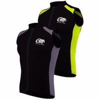 Two sleeveless cycling vests, each with a front zipper and the 'German Wear' logo on the chest. One vest showcases a black and green color combination, while the other blends black with gray highlights.