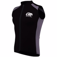 From the side, this cycling vest stands out with its striking black and gray color scheme. It features a full-zip front and short sleeves, blending comfort with performance to enhance your riding experience.