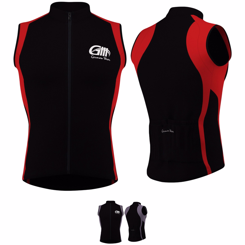 Men's cycling jersey Grey Red Front and back views of a red and gray cycling jersey from German Wear. This vest features a full-length zipper, short sleeves, and is crafted from moisture-wicking fabric to ensure both comfort and performance during your rides.
