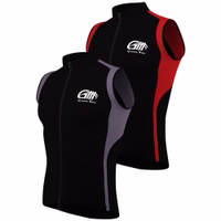 Two sleeveless cycling vests with a front zipper and 'German Wear' logo on the chest. One vest features a black and red color scheme, while the other combines black with gray accents.