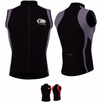 Front and back views of a gray and red cycling vest from German Wear. This vest features a sleeveless design, high-intensity reflective material, and is crafted from breathable fabric to ensure both comfort and performance during your rides