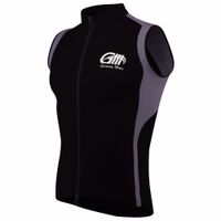 The side view of this cycling vest showcases bold gray and black hues, with a full-zip front and short sleeves. Designed for both comfort and enhanced performance during your rides.