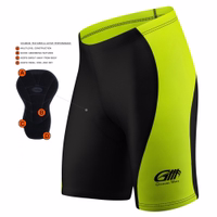 Seitenansicht der grünen Herren-Radshorts aus 100 % Elastan. Diese Shorts bieten eine bequeme Passform mit weicher Lederpolsterung für zusätzlichen Komfort. An der Seite prangt der Schriftzug „German Wear“, der die perfekte Passform und Qualität unterstrei