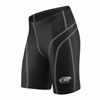 Men Cycling shorts Grey Red Side view of sleek cycling shorts made from 100% elastane with leather padding. Featuring Coolmax technology for moisture management and a German brand logo on the left side. Perfect for high-performance cycling.