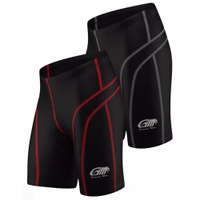 Front view of vibrant red/gray cycling shorts crafted from 100% elastane with leather padding and an elastic waist for comfort. German-engineered for top quality and performance lightweight shorts are ideal for high-performance riding and available online.