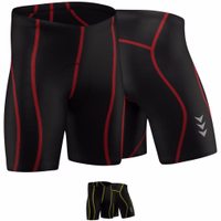 Vorder- und Rückansicht der roten gepolsterten Radhose für Männer und Damen, atmungsaktives Lycra- und Coolmax-Material, ergonomische nahtlose Passform, leicht und feuchtigkeitstransportierend.