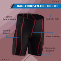 Nahaufnahme einer gelben Radhose mit hochdichtem Coolmax-Sitzpolster, ergonomischer Polsterung, nahtlosem Design, elastischer Passform, atmungsaktivem Lycra und feuchtigkeitstransportierendem Material.