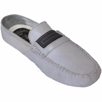 Front view of grey moccasin leather shoes featuring a soft insole and round toe cap. Designed with a short shaft for easy slip-in and a snug fit, these handmade shoes combine comfort and style. Enjoy free shipping with your purchase!