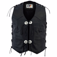 Vorderansicht der Premium-Motorradweste GW692 aus bestem deutschen Rindsleder. Robust und komfortabel, mit großzügigen Taschen und passendem Baumwollfutter. Ein Muss für jeden Fahrer. Kostenlose Lieferung.