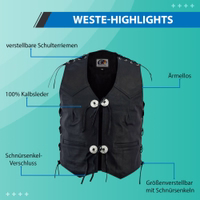 Fahren Sie stilvoll mit einer klassischen Leder-Bikerweste. Von German Wear gefertigt, aus echtem Rindsleder mit praktischen Taschen. Ein Muss für jede Motorrad-Ausrüstung, perfekt für alle Biker.