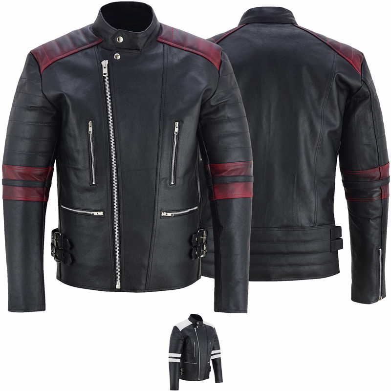 Motorcycle Jacket Retro Vintage Oldschool Leather Jacket Herren-Motorradlederjacke in Schwarz/Rot, Front- und Rückansicht. Mit Schulter-, Ellenbogen- und Rückenprotektoren. Zwei Fronttaschen mit verdecktem Reißverschluss und eine Innentasche.