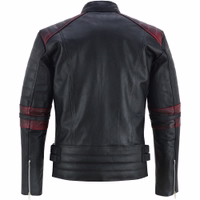 Men's motorcycle jacket, designed in black and red, features a back-view design. Crafted with the finest calfskin leather, it includes protectors for the arms, shoulders, elbows, and back.
