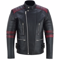 vintage motorcycle leather jacket, designed in black and red, showcases a front-view design. It is secured at the end of the zipper with buttons and features removable protectors for the arms, shoulders, elbows, and back.