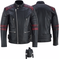 Men's motorcycle leather jacket, available in black/red color for both front and rear views, is equipped with shoulder, elbow, and back protectors. It also features two front pockets that are closed by hidden zips, along with one inside pocket.