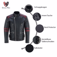 Men's motorcycle leather jacket, in black/red, showcases its rear view design with arms, shoulders, elbow, and back protectors. It boasts cuffs with zipper and button closures, along with a snap collar, inner pocket