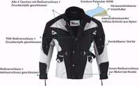 Jacke mit Highlights: herausnehmbares Innenfutter, Druckknöpfe, 3D-Reißverschluss, verstellbarer Gürtel, reflektierende Elemente, gepolsterter Schutz, wasserdichtes Cordura-Polyester – ideal für Größen 6XL–9XL.