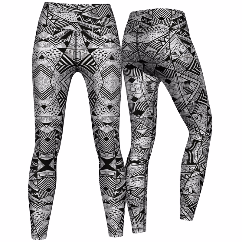 Women's Geometry Sport Leggings Front and back view of Women's Geometry Sport Leggings in gray showing high stretch breathable fabric designed for yoga gym and outdoor workouts with UV protection and a flattering fit buy now leggings