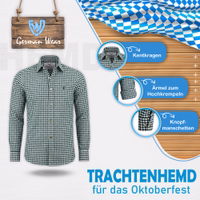 Dunkelblaues Herren-Trachtenhemd mit bayerischem Karomuster, Hirschstickerei, hochkrempelbaren Ärmeln und klassischem Kragen