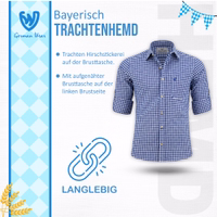 Infoansicht eines dunkelblauen Trachtenhemdes mit Hirschstickerei, bayerischem Karomuster, klassischem Kragen und Knopfleiste