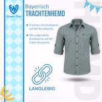 Infoansicht eines Dunkelgrün Trachtenhemdes mit Hirschstickerei, bayerischem Karomuster, klassischem Kragen und Knopfleiste