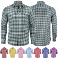 Vorder- und Rückansicht eines dunkelgrünen Herren-Trachtenhemdes mit Hirschstickerei, bayerischem Karomuster, hochkrempelbaren Ärmeln und Kragen