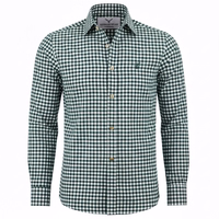 Vorderansicht eines dunkelgrünen Herren-Trachtenhemdes mit Hirschstickerei, bayerischem Karomuster, klassischem Kragen und Knopfleiste