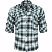 Dunkelgrünes Herren-Trachtenhemd mit bayerischem Karomuster, Hirschstickerei, hochkrempelbaren Ärmeln und klassischem Kragen