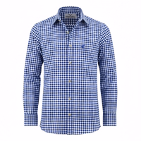 Vorderansicht eines dunkelblauen Herren-Trachtenhemdes mit Hirschstickerei, bayerischem Karomuster, Kragen und Knopfleiste