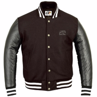 Experience luxury &comfort with a Leather Sleeve dark brown College Jacket in front view . The blend of leather, wool,& polyester ensures durability &style. Stand out from the crowd in black or dark brown.