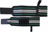 German Wear fitness wrist wraps in black, green, and white. 45cm neoprene wraps with thumb loop and adjustable Velcro closure. Comfortable, durable, and supportive for weightlifting, bodybuilding, and gym training.