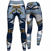 Front and back view of Women’s Blue Camo Sports Leggings showcasing premium polyester elastane blend with compression fit breathable fabric and UV protection for training yoga or gym buy now leggings