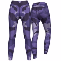 Front and back view of Women’s Purple Camo Sport Leggings made from breathable polyester elastane with four way stretch ideal for yoga training and casual wear in stylish camouflage design buy online today