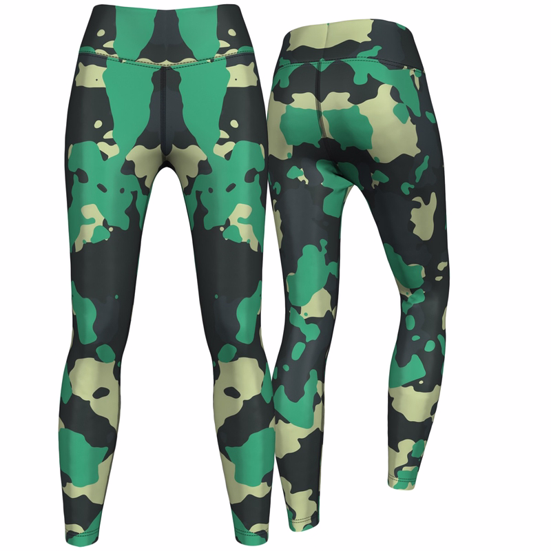 Women’s Green Camo Sport Leggings Front and back view of women’s green camo sport leggings showing high-stretch fabric and breathable design for active wear. Perfect for yoga and workouts. Buy online today for comfort and style.